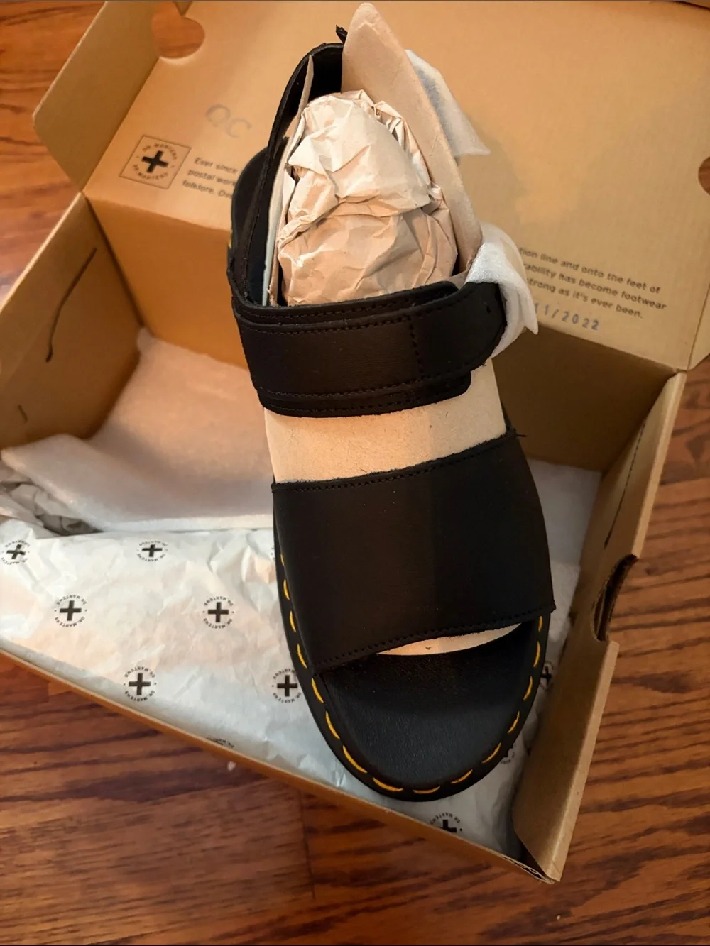 Dr. Martens Black Velcro Sandals with Yellow Stitching